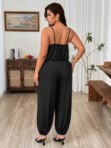 SHEIN LUNE Plus Size Brown Lace Contrast Mesh Camisole Jumpsuit, Women's Cinched Waist Bowknot Hem Sleeveless Yoga Casual Jumpsuit, Summer, Everyday Gym - Black - View 2