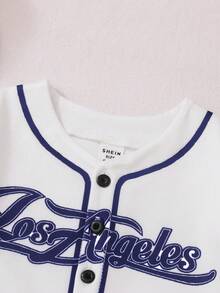 SHEIN Baby Boy Infant Toddler Los Angeles Baseball Jersey&Shorts Set,Navy And White,Summer,Street Life Casual Graphic Street Fashion,Beach Sports Outfit - Navy Blue - View 4