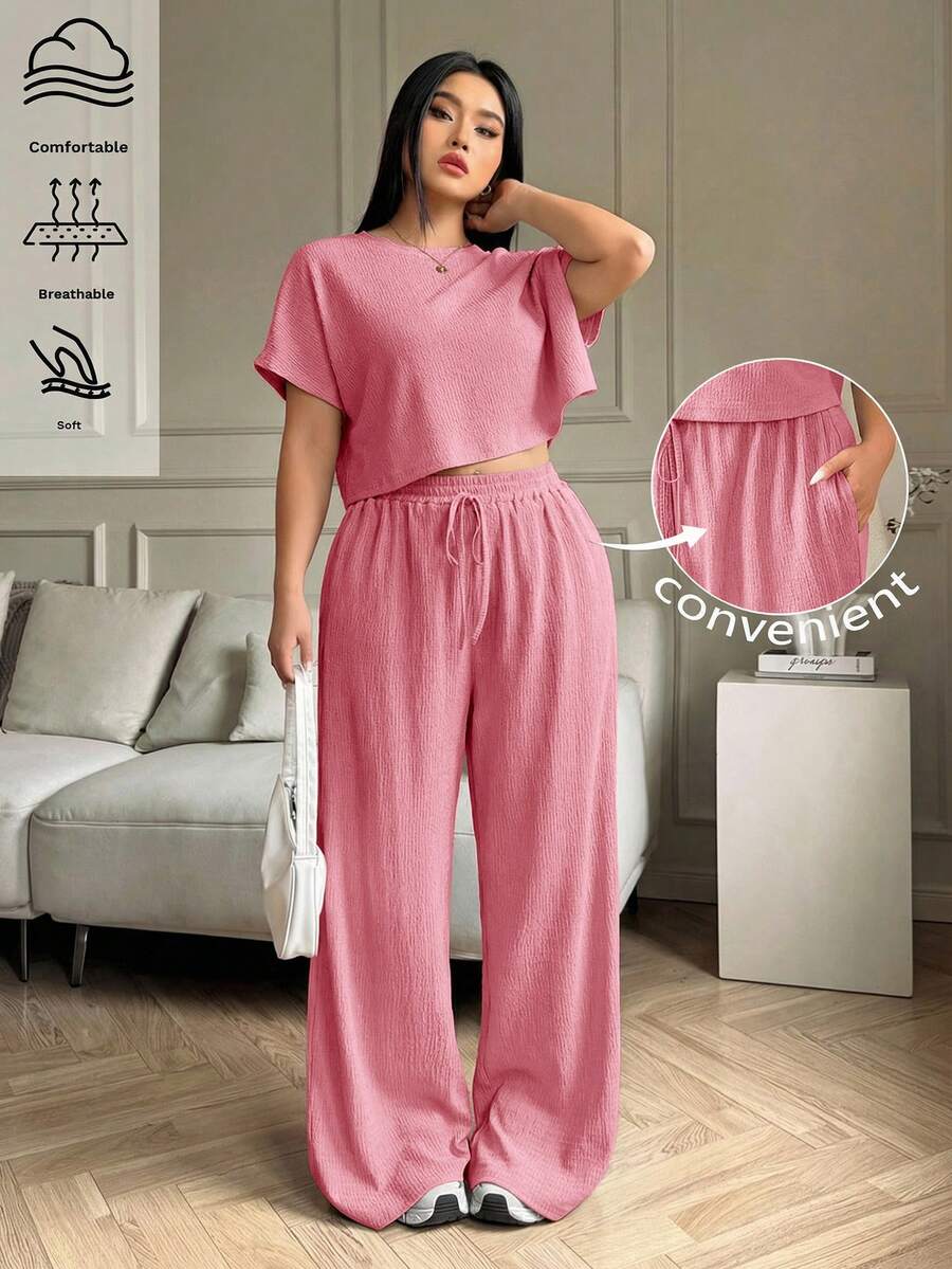 Solflare Setelan 2 Potong Ukuran Besar Polos Lengan Pendek Kerah Bulat dan Celana Panjang, Nuansa Liburan Kasual yang Nyaman, Warna Pink, Pakaian Wanita Musim Panas/Semi - Berwarna merah muda - View 1