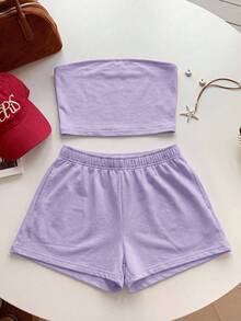 Comfortcana 女士休闲纯色紫色上衣/吊带背心和短裤两件套，舒适家居服，夏季短裤套装，女士舒适两件套，两件套夏季套装 - 紫色 - 查看 5