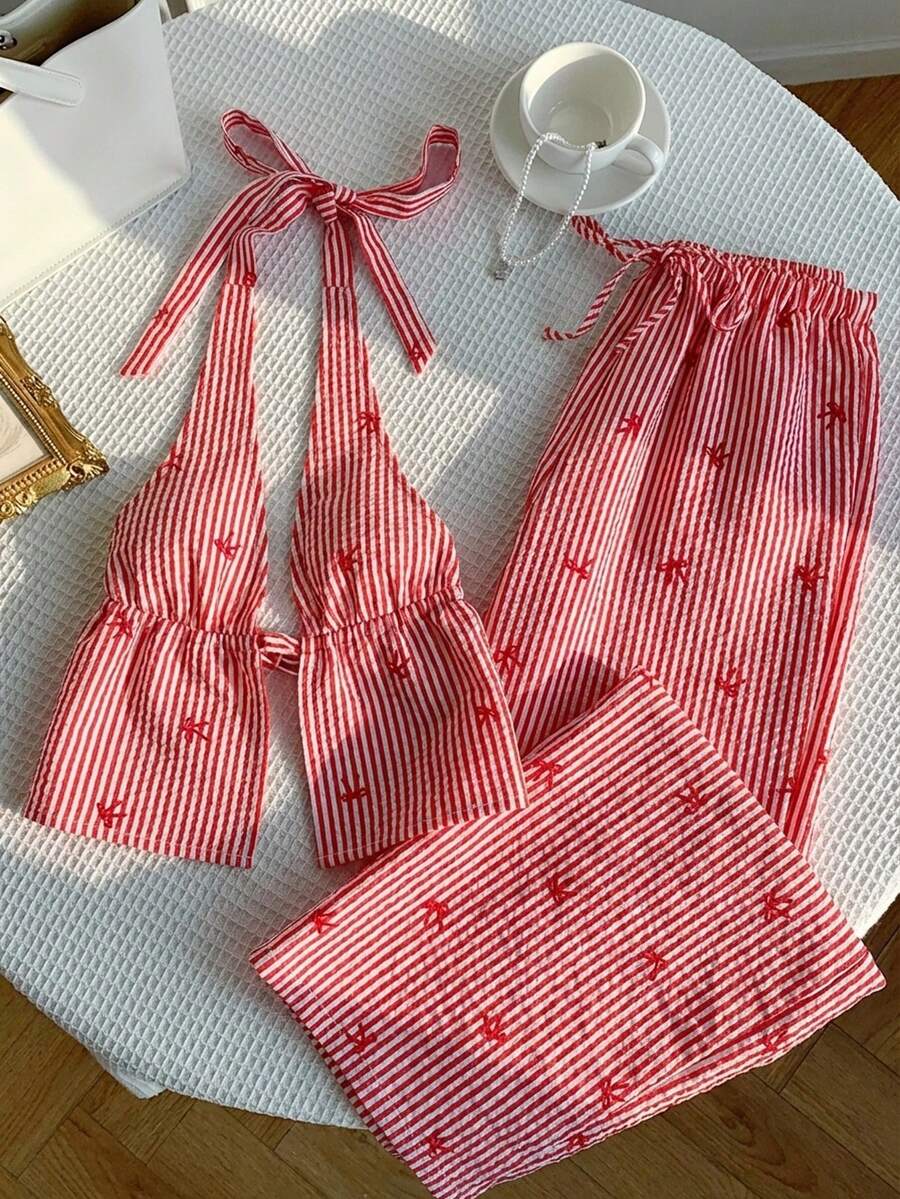 Comfortcana 女士条纹蝴蝶结吊带背心和裤子套装(2件套),红白配色 - 紅白色 - 查看 1