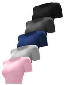 Easithlete Áo thun thể thao nữ dáng ngắn, cổ tròn, tay raglan, màu trơn, tối giản, thích hợp cho mùa hè. - Nhiều màu - Xem 1