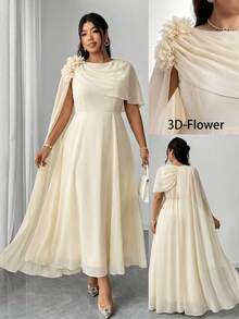 Reflora Đầm dài thướt tha thanh lịch dành cho nữ cỡ lớn, trang trí hoa 3D, xẻ tà và cổ áo choàng, phù hợp cho đám cưới và các dịp trang trọng. - Màu be - Xem 5