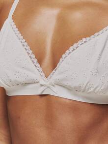 MUSERA ESSENTIALS 刺绣蕾丝蝴蝶结饰边三角可调节搭扣文胸，搭配刺绣可调节肩带丁字裤套装，可爱性感少女家居睡衣内衣，春夏刺绣必备单品 - 白色 - 查看 6