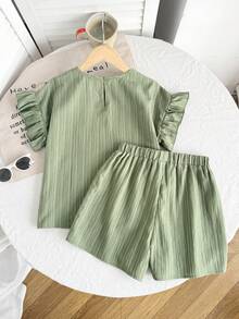 SHEIN Tween Girls' Fashion Casual Summer Vacation Round Neck Solid Color Textured Chiffon Purple Short Sleeve Top+Elastic Waist Shorts 2-Piece Set - Purple - View 2