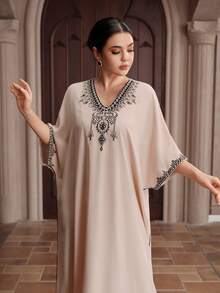 Graceveil Đầm nữ cổ chữ V dáng rộng thanh lịch xẻ tà cho mùa hè - Màu be - Xem 3