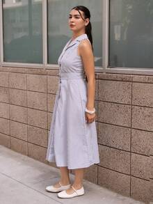 Andrea Bello 女士优雅条纹休闲/通勤连衣裙 - 藍白色 - 查看 3