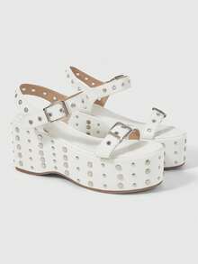 ROMWE Grunge Punk Ladies, Spike Buckles, Lame-Heeled Platform Sandals. - White - View 2