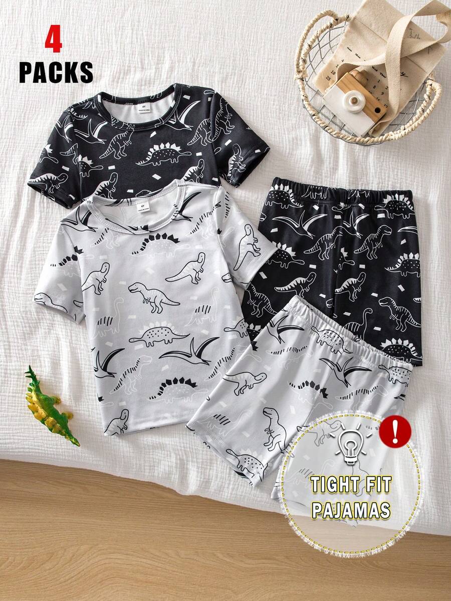 4pcs/Set Young Boy's Spring/Summer Knit Crew Neck Short Sleeve Shorts Pajama Set, Dinosaur Graphic Print, Casual Tight-Fit Loungewear - Multicolor - View 1