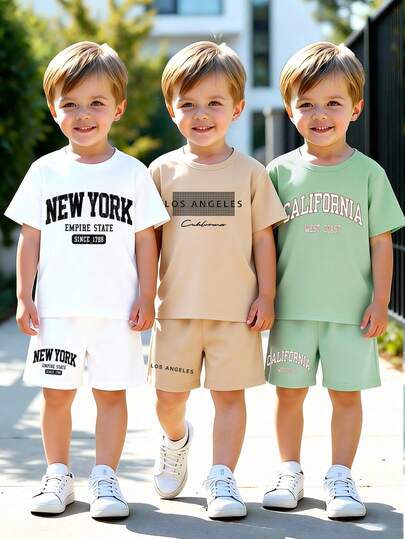 Bộ 3 món/6 món áo thun ngắn tay và quần short in khẩu hiệu dành cho bé trai, thích hợp mặc hàng ngày, đi nghỉ mát, chơi thể thao, mùa hè.