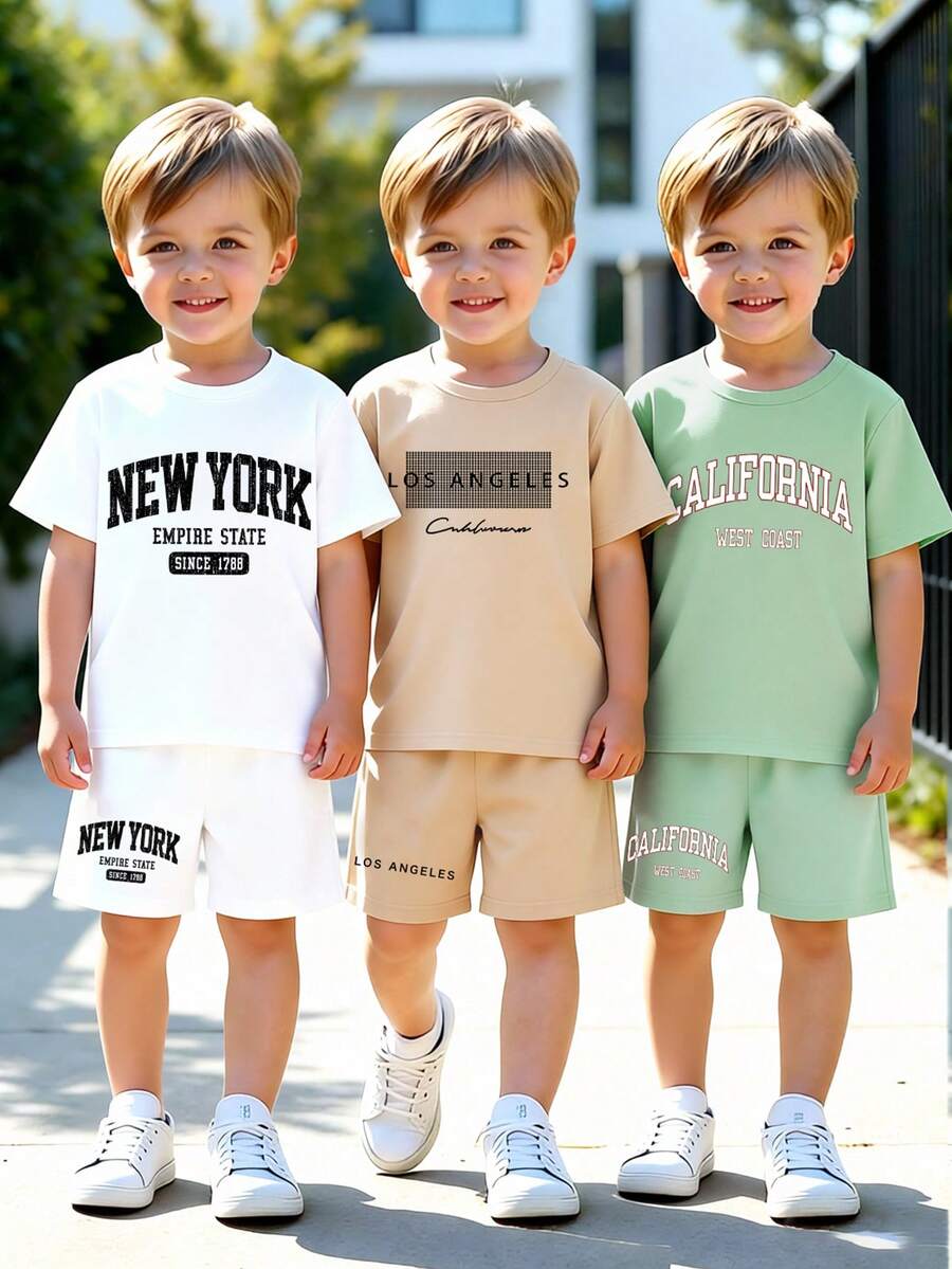 3 sets/6 piezas Conjunto de camiseta de manga corta con estampado de eslogan y pantalones cortos casuales para niños, adecuado para uso diario, vacaciones, deportes, verano - Multicolor - Ver 1