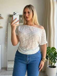 大码女装春夏时尚休闲宽松舒适薄款清凉日常紫色露肩上衣，简约风格，适合工作、外出、邮轮旅行、度假等各种场合，曲线可爱上衣 - 杏色 - 查看 6