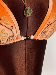 Amplova Conjunto de dos piezas de chaleco de estilo bohemio para vacaciones con copa triangular, bordado con cuentas, color verde, sexy y vanguardista para mujer - Naranja - Ver 7