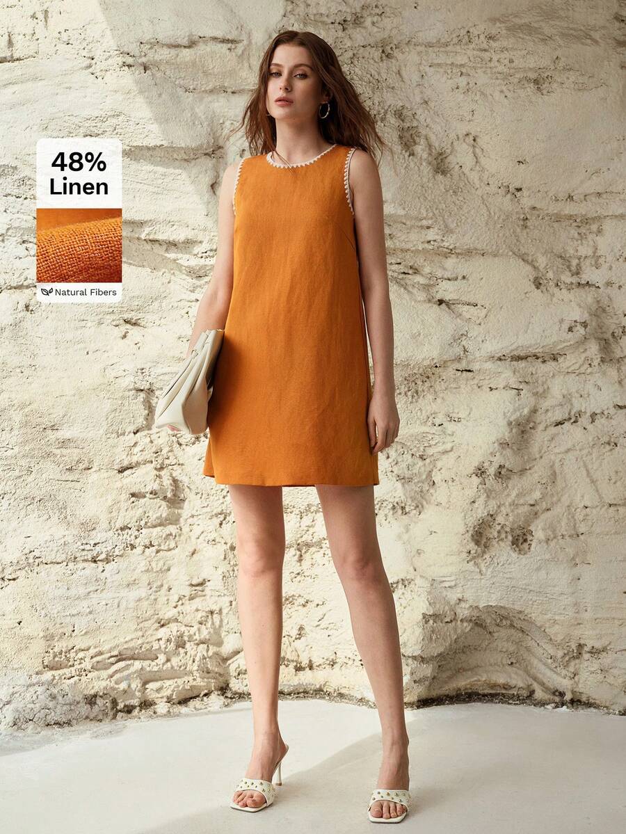 MOTF PREMIUM Đầm ngắn không tay cổ tròn bằng vải lanh với viền thêu hình vỏ sò, mùa xuân/hè. - trái cam - Xem 1