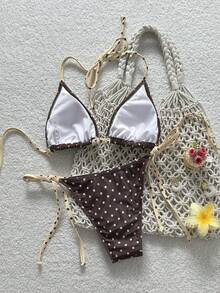 Swim Mod Women's Sweet Polka Dot Print Halter Bikini Set With Tie Side Bottoms, Suitable For Beach And Seaside In Spring/Summer - Multicolor - View 2