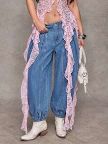 Jeanoix Y2K 女式高腰口袋休闲锥形牛仔裤 - 淺色水洗藍 - 查看 6