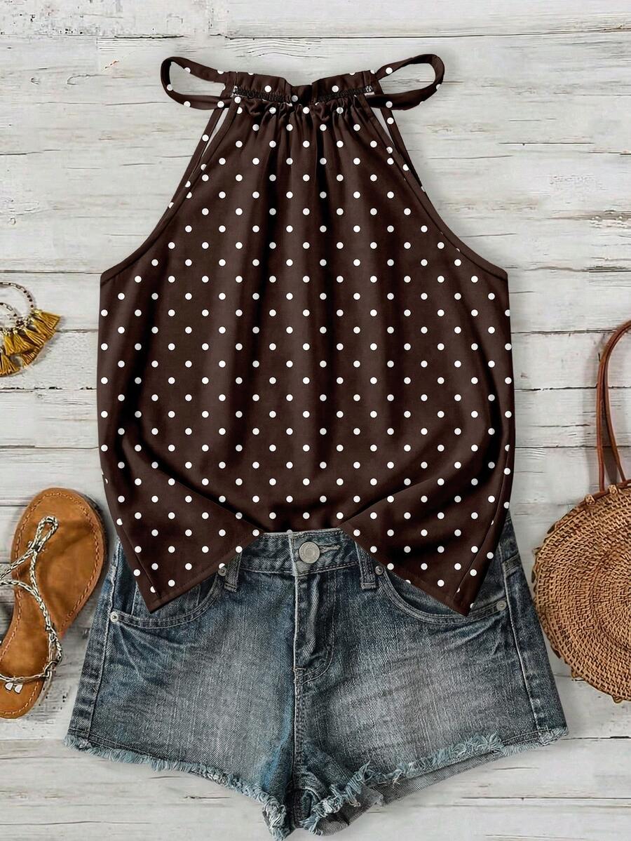 SHEIN LUNE Áo hai dây cổ yếm họa tiết chấm bi nâu trắng thanh lịch cổ điển dành cho nữ - Phong cách mùa hè phóng khoáng, hoàn hảo cho kỳ nghỉ trên đảo, những chuyến đi thuyền buồm, đi biển và du thuyền, các lễ hội âm nhạc và buổi hòa nhạc, đám cưới. - Nhiều màu - Xem 1