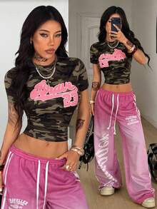 Coolane 女士街头休闲返校运动服短款迷彩紧身T恤 - 軍綠色 - 查看 3