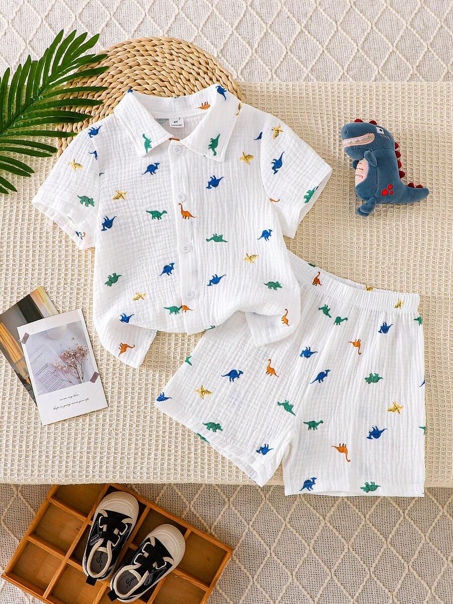 SHEIN Streecool Kids 2 pièces/set Top à manches courtes et short set imprimé minimaliste pour jeunes garçons - Blanc - Voir 1