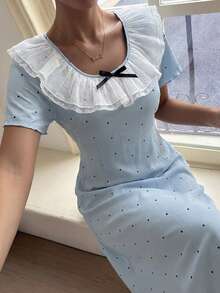 DAZY Women's Summer Polka Dot Print Contrast Color Ruffle Collar Bow Decor Loose Nightgown Pajama - Baby Blue - View 3