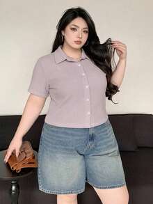 Dazy Plus Textured Fabric Fitted Short Sleeve T-Shirt, Spring/Summer - Mauve Purple - View 2