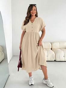 SHEIN Essnce Plus-Size Women's Casual Loose Dress, Summer Short-Sleeved Dress, Loose And Comfortable Dress, Pocket Dress Casual Dresses For Woman Casual Dress - Apricot - View 3