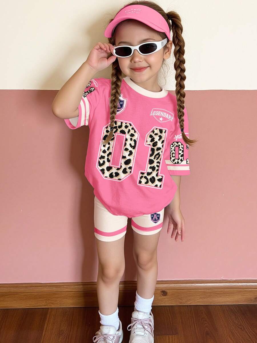 SHEIN 2pcs/Set Young Girl Letter & Number Print Round Neck Short Sleeve T-Shirt And Shorts, Casual Minimalist, Suitable For Spring/Summer Daily, Sports, Outdoor - Multicolor - View 1