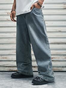 Modcrash 1pc American Style Men's Street Fashion Embroidered Wide Leg Pants, Loose Casual Comfortable Commuting All-Season Versatile Jeans (No Belt Or Accessories) , Retro American, Unisex, Relaxed Fit Summer Outfits – Suitable For Everyday Wear And Summer Holiday Outfits. - Blue - View 2