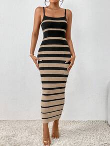 Selianne Summer Casual Contrast Stripe Fitted Knit Camisole Dress - Brown - View 5