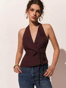 Poéselle 女士纯色腰带时尚吊带背心 - 咖啡棕 - 查看 3