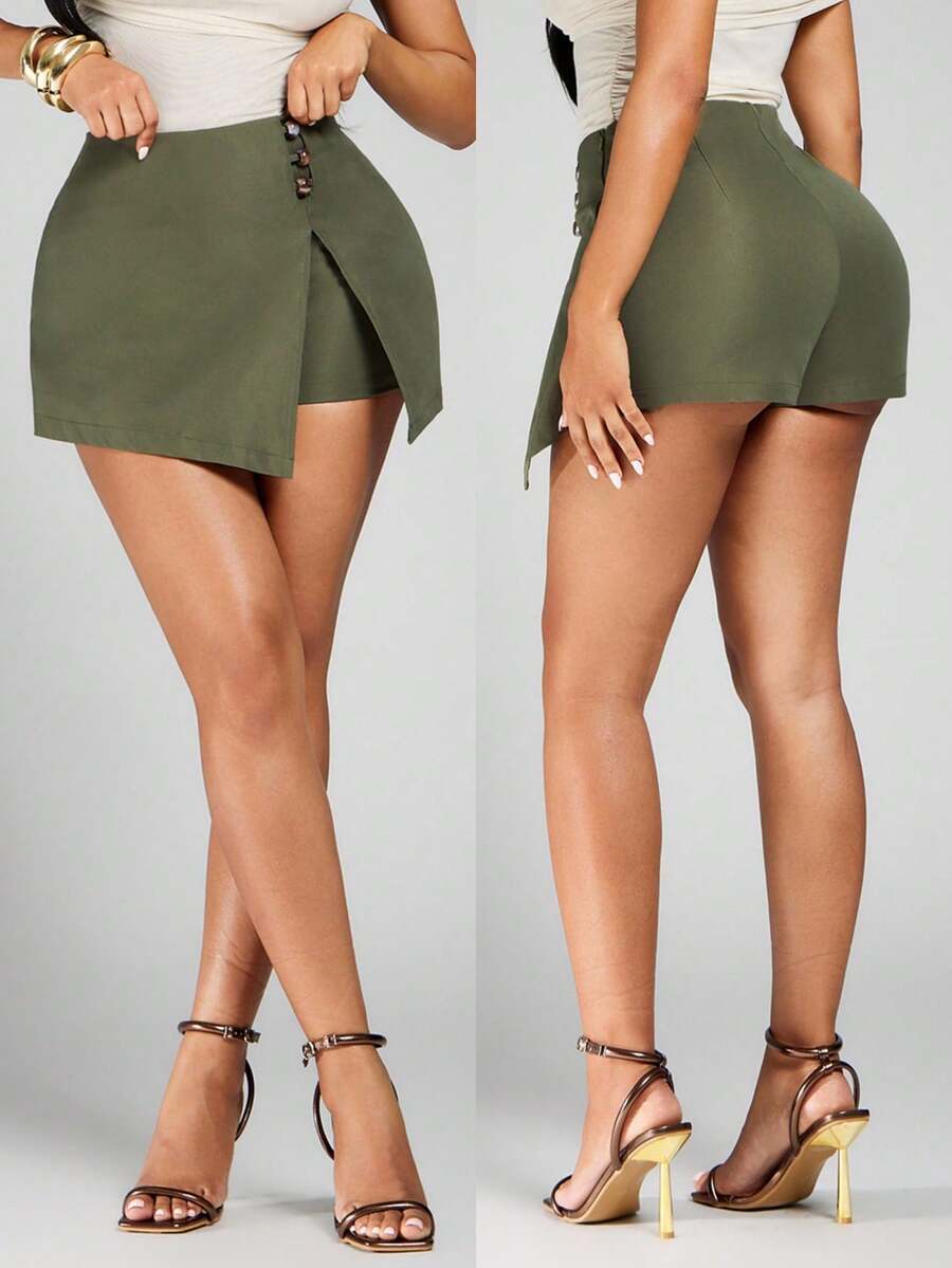 Radiana Pantalones cortos casuales de mujer con rayas y dobladillo dividido para el verano, pantalones cortos a rayas, faldas con pantalones cortos debajo, minifalda pantalón para mujeres Zootropolis de dos piezas, pantalones cortos versátiles, sexys y elegantes para la oficina, atuendo para crucero, viaje, negocios, retro, vintage, fiesta, resort, salida, dinero viejo, con capas ricas, cita nocturna, reunión, minimalismo, cumpleaños, evento formal, Gyaru, Ibiza, Nashville, descanso, modesto, elegante, casual, compras, ropa urbana, salir, resaltar tu Body, estilizar la figura - Verde - Ver 1