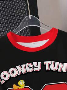 LOONEY TUNES X SHEIN 男童夏季休闲字母卡通图案撞色滚边圆领短袖T恤 - 白色 - 查看 3