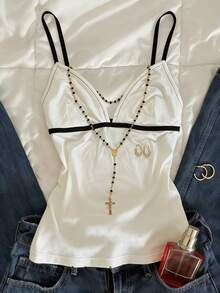 Glimmora Áo hai dây nữ kiểu dáng thường ngày, đa năng, phối màu tương phản - trắng - Xem 3