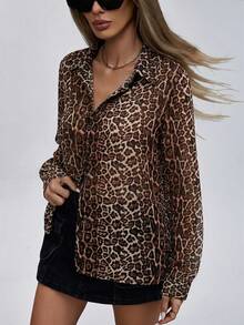 GENKIRA 优雅薄纱长袖翻领豹纹衬衫，优雅商务休闲女式衬衫 - 彩色 - 查看 4