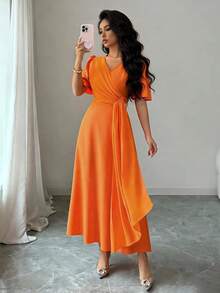 Rafferiza 优雅褶裥短袖收腰A字中长连衣裙，配腰带，橙色，适合通勤和日常穿着，春夏款 - 橘色 - 查看 4