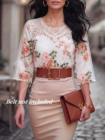 Miaspire Blusa elegante de mujer con estampado floral, encaje y parches, de uso casual para primavera y verano