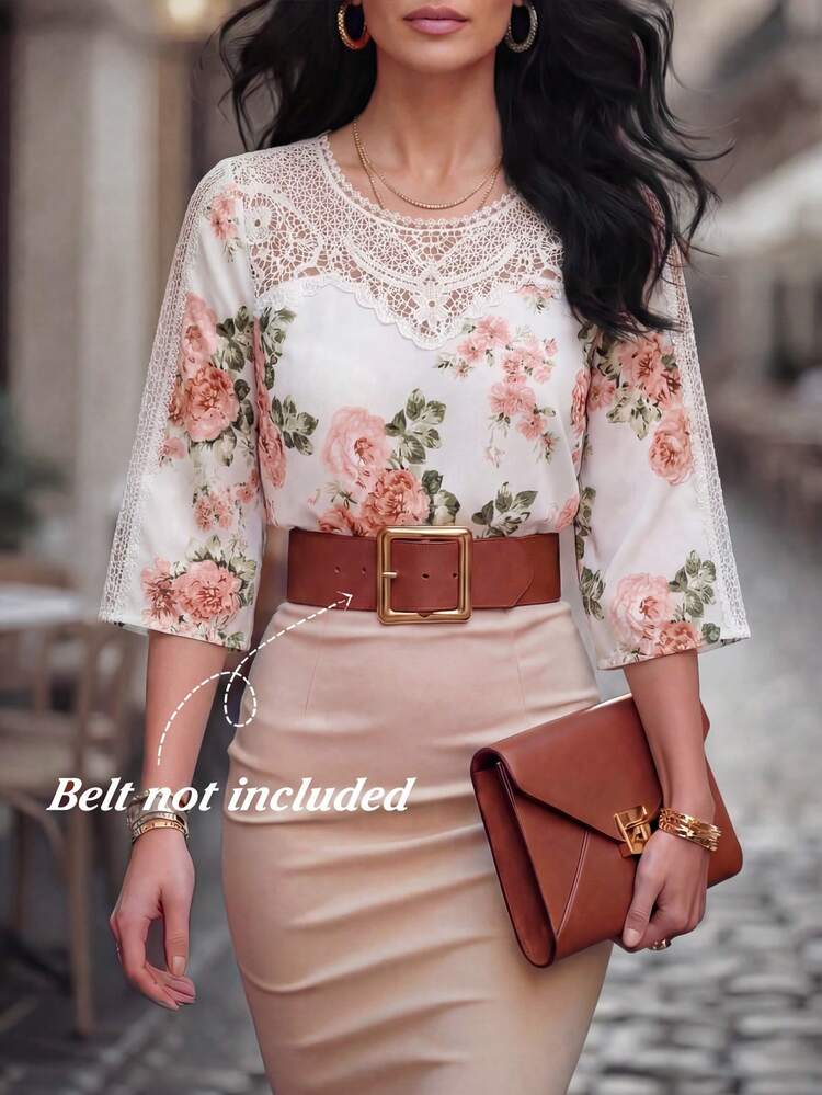 White Pink Floral Print Lace Trim 3/4 Sleeve Blouse Elegant Casual Outfit White Top Pink Top Floral Top Flower Print Lace Blouse Casual Blouses For Women Elegant Blouses For Women Summer Tops For Women,Summer Outfits For Women