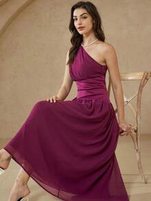Aveloria Revavyn Rochie elegantă din șifon, cu imprimeu asimetric și talie pliată, stil luxos și grațios pentru petrecere și întâlniri - Violet - Vizualizare 4
