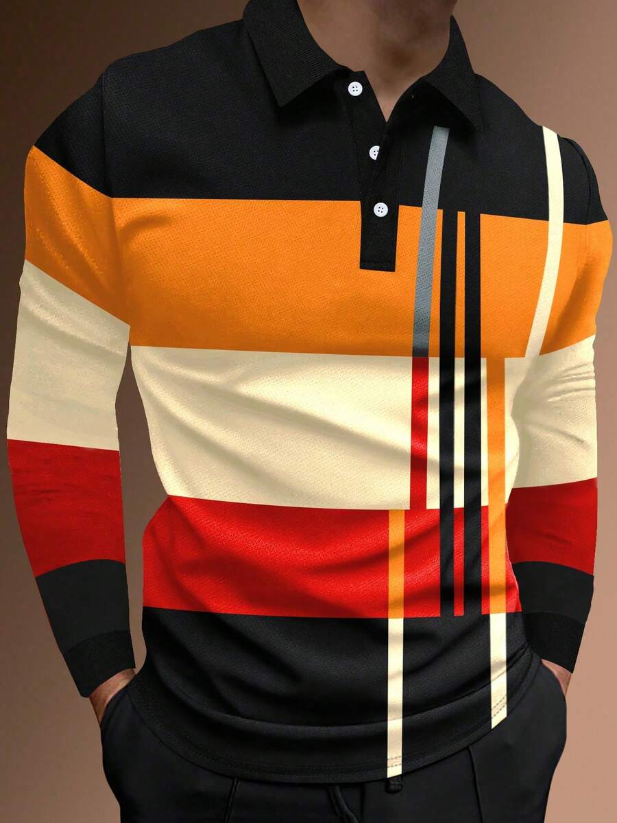 Manfinity Homme 男士撞色条纹图案 Polo 衫，秋季款，长袖上衣 - 橘色 - 查看 1