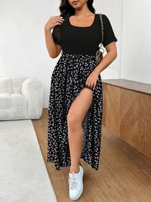 SHEIN Frenchy 休闲优雅浪漫碎花图案蝴蝶结腰带A字中长连衣裙，适合大码女性，适合春夏假日聚会 - 彩色 - 查看 6