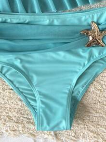 SHEIN Tween Girl Mermaid Light Teal Summer Cute Beach Holiday Swimwear,Mesh Ruffle Metal Starfish Halter Tankini Set,Hawaii Island Two Pieces Bathing Suit - Mint Green - View 7