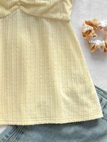 SHEIN Áo len chui đầu dệt kim jacquard thoải mái, kiểu dáng cổ điển cho bé gái tuổi teen, áo kiểu thắt nơ viền ren tương phản, màu vàng nhạt/vàng chanh. - Màu vàng - Xem 5