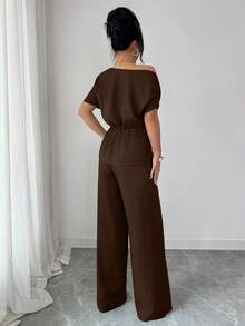 Elegante y urbano conjunto de primavera/verano para mujer con pantalón ancho de una sola manga con hebilla metálica en la cintura, adecuado para uso diario, bodas, galas, ir al trabajo, fiestas de graduación, vacaciones, citas, fiestas, Halloween, Navidad, Año Nuevo, Acción de Gracias, bodas - Marrón - Ver 2