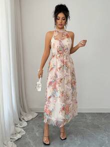 SHEIN Elenzya Đầm voan dài ngang gối họa tiết hoa pastel 3D thắt eo, kiểu dáng lãng mạn, thanh lịch, ôm sát, thích hợp cho hẹn hò và tiệc tùng. - Nhiều màu - Xem 4