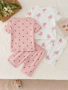 4pcs/Set Random Blind Box Casual Minimalist Snug Fit Round Neck Short Sleeve Shorts Pajamas, Suitable For Spring & Summer - Multicolor - View 3