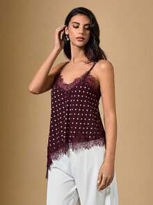 Briarwyn Camiseta de mujer con lunares y encaje asimétrico en el bajo - Rojo - Ver 6