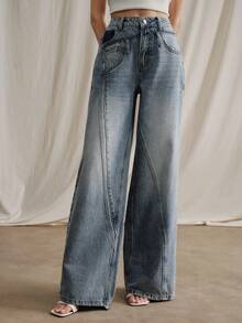 Anewsta 女士优雅浪漫度假派对蓝色拼接直筒牛仔裤，春夏款 - 藍色 - 查看 7