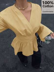 Siren Gaze 100%纯棉收腰V领喇叭袖衬衫，柔软亲肤，适合工作和度假穿着，优雅女士秋季衬衫 - 淡黃色 - 查看 7