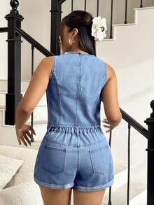 SHEIN ICON Vintage Versatile V-Neck Denim Vest, Summer - Light Wash - View 2