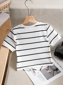 女童（小号）白色 Polo 领 T 恤，不对称黑色条纹下摆，短袖 - 彩色 - 查看 2